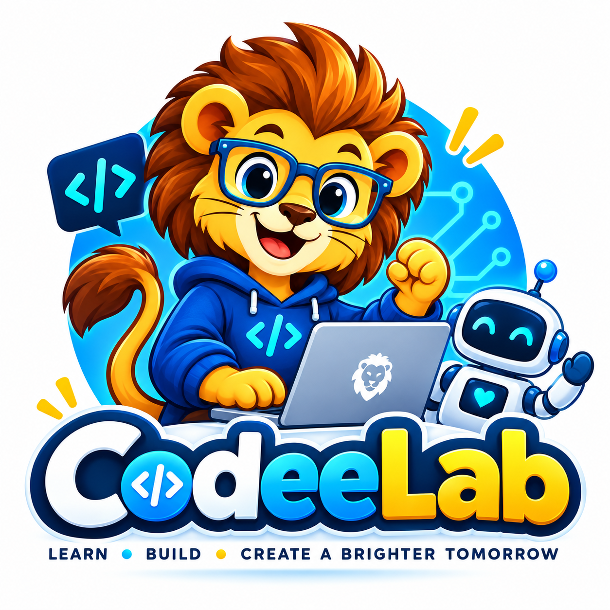 Codeelab logo: a young lion coder with a friendly robot